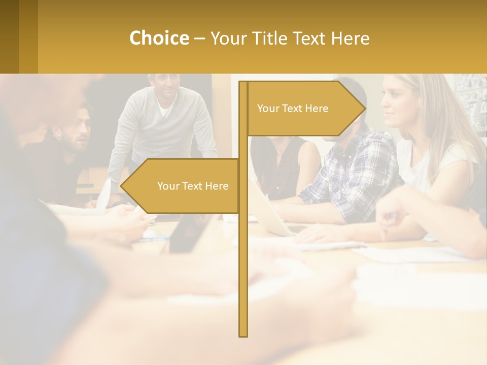 A Group Of People Sitting Around A Conference Table PowerPoint Template