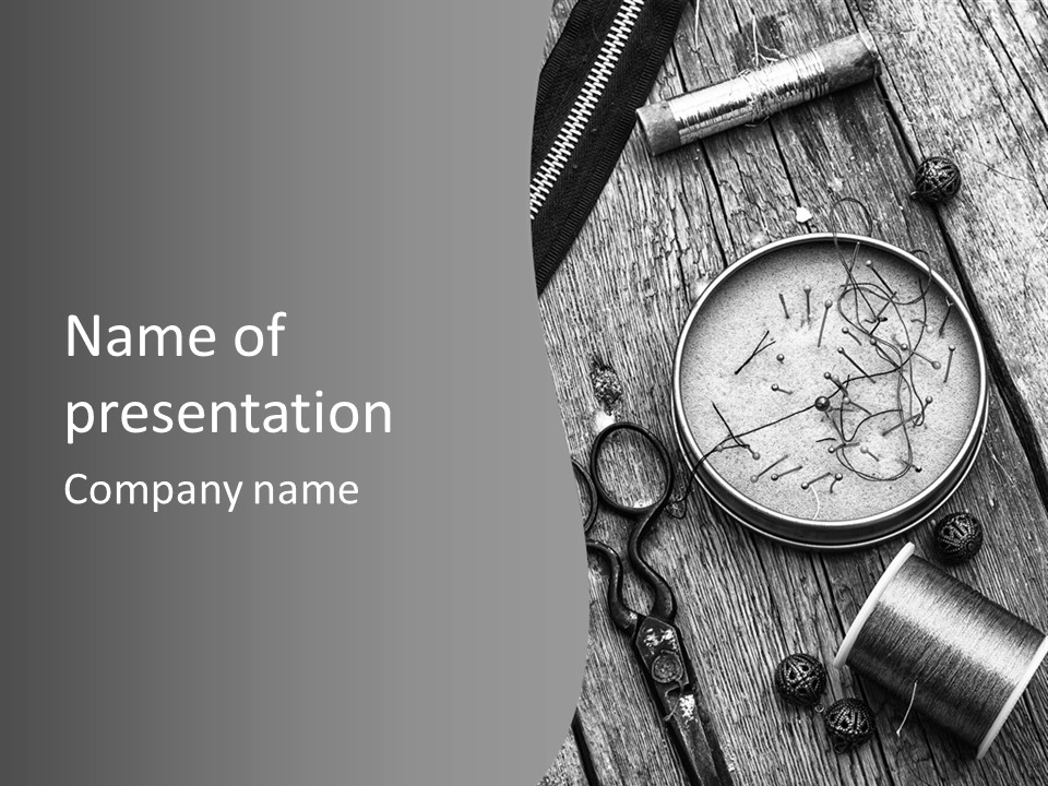 A Black And White Photo Of Scissors And A Hat On A Wooden Table PowerPoint Template