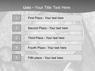 A Black And White Photo Of Scissors And A Hat On A Wooden Table PowerPoint Template