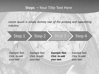 A Black And White Photo Of Scissors And A Hat On A Wooden Table PowerPoint Template
