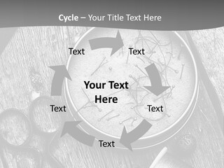 A Black And White Photo Of Scissors And A Hat On A Wooden Table PowerPoint Template