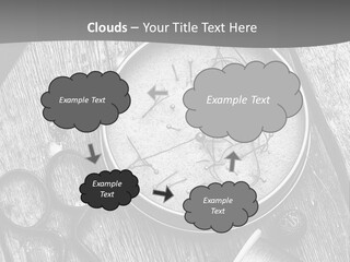 A Black And White Photo Of Scissors And A Hat On A Wooden Table PowerPoint Template