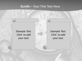 A Black And White Photo Of Scissors And A Hat On A Wooden Table PowerPoint Template