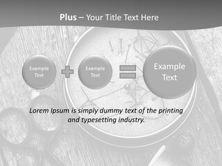 A Black And White Photo Of Scissors And A Hat On A Wooden Table PowerPoint Template