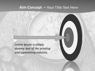 A Black And White Photo Of Scissors And A Hat On A Wooden Table PowerPoint Template