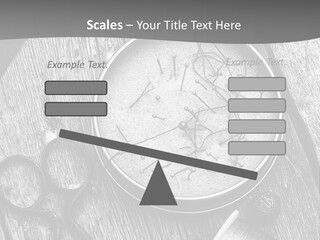 A Black And White Photo Of Scissors And A Hat On A Wooden Table PowerPoint Template