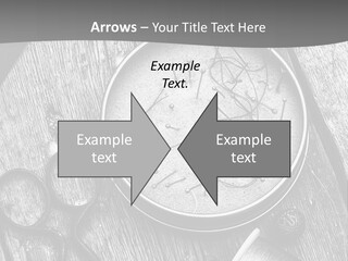 A Black And White Photo Of Scissors And A Hat On A Wooden Table PowerPoint Template