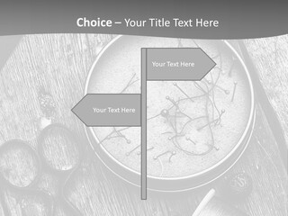 A Black And White Photo Of Scissors And A Hat On A Wooden Table PowerPoint Template