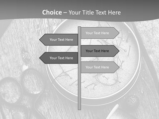 A Black And White Photo Of Scissors And A Hat On A Wooden Table PowerPoint Template