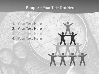 A Black And White Photo Of Scissors And A Hat On A Wooden Table PowerPoint Template