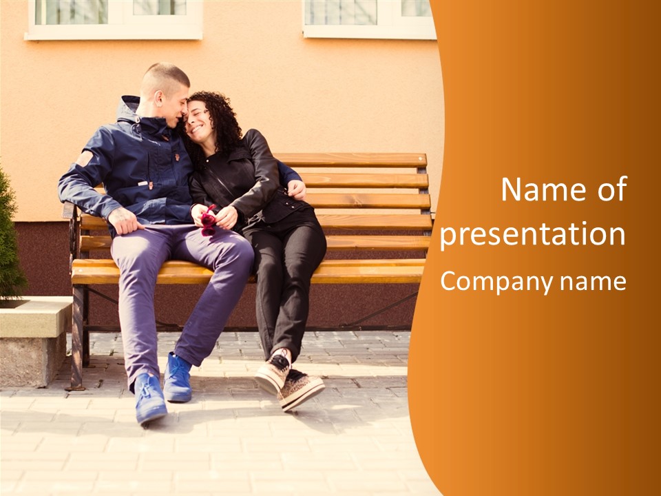 A Man And Woman Sitting On A Bench In Front Of A Building PowerPoint Template