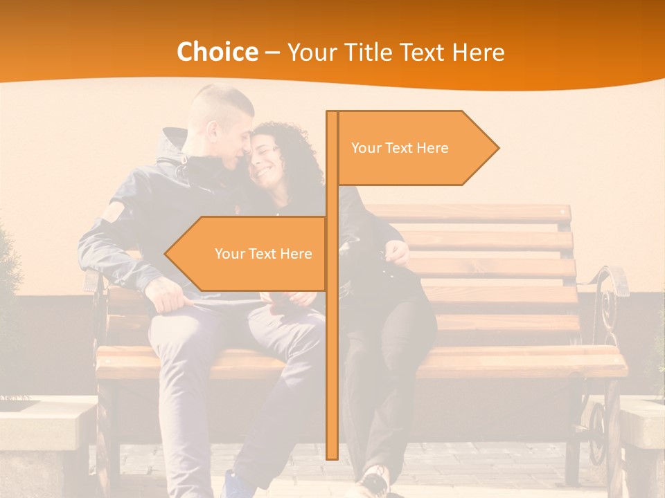 A Man And Woman Sitting On A Bench In Front Of A Building PowerPoint Template