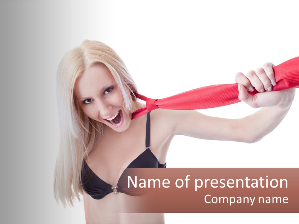 A Woman In A Bikini Is Pulling On A Red Tie PowerPoint Template