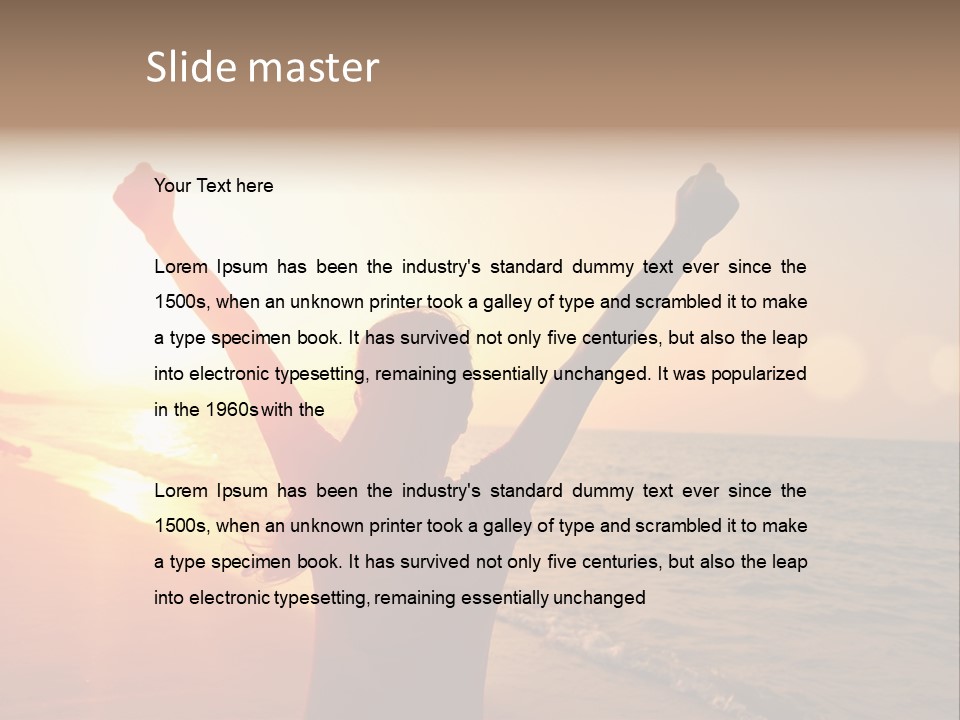 A Person Standing On A Beach With Their Arms In The Air PowerPoint Template