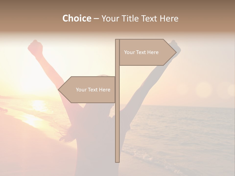 A Person Standing On A Beach With Their Arms In The Air PowerPoint Template