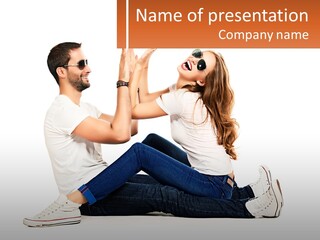 A Man And Woman Sitting On The Ground With Their Hands Together PowerPoint Template
