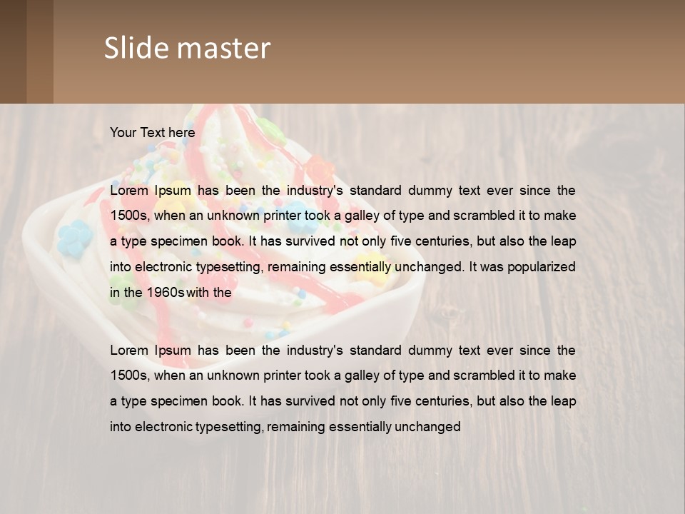 A Bowl Of Ice Cream With Sprinkles On A Wooden Table PowerPoint Template