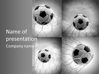 A Black And White Photo Of A Soccer Ball In A Net PowerPoint Template
