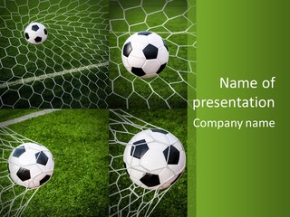 Three Soccer Balls In The Net Of A Soccer Field PowerPoint Template