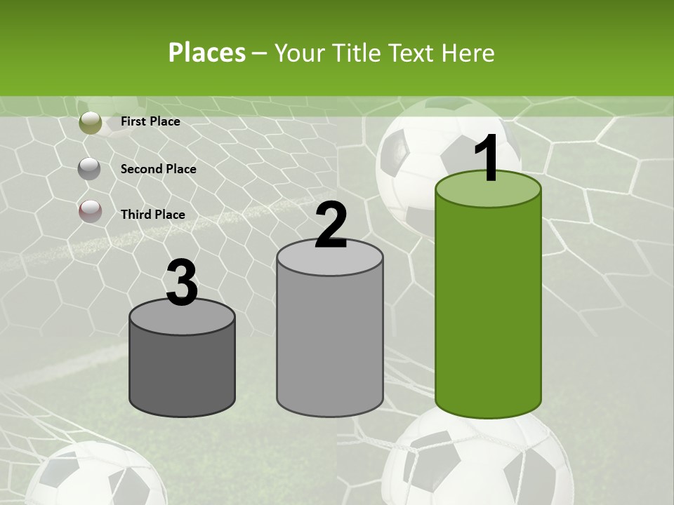 Three Soccer Balls In The Net Of A Soccer Field PowerPoint Template