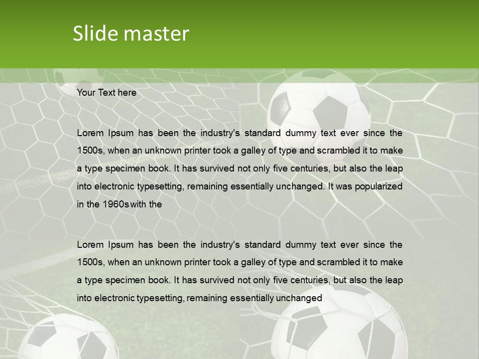Three Soccer Balls In The Net Of A Soccer Field PowerPoint Template