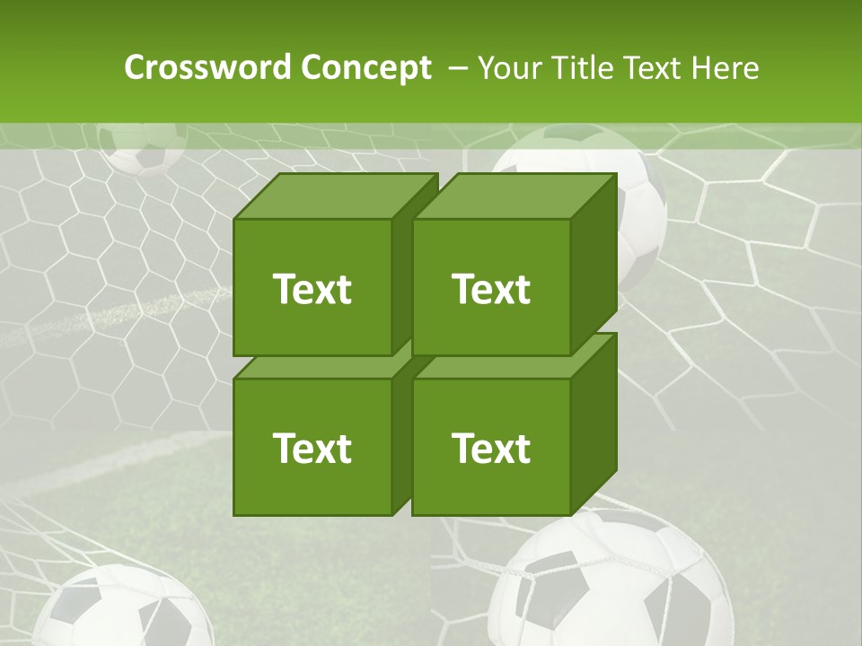 Three Soccer Balls In The Net Of A Soccer Field PowerPoint Template