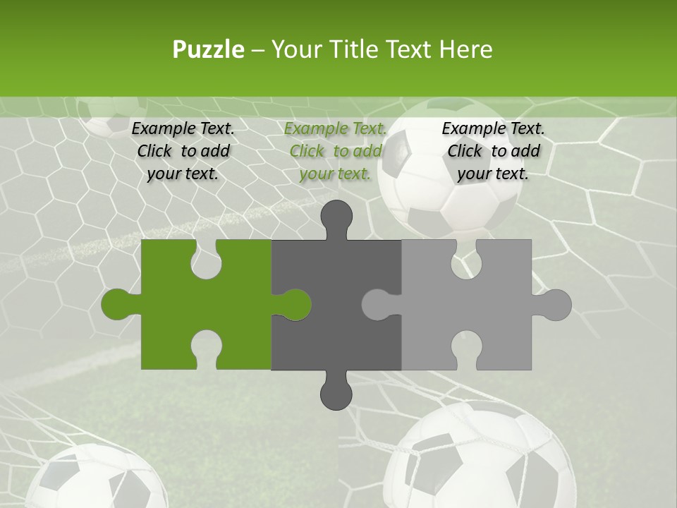 Three Soccer Balls In The Net Of A Soccer Field PowerPoint Template
