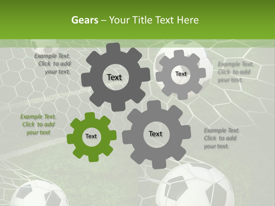 Three Soccer Balls In The Net Of A Soccer Field PowerPoint Template