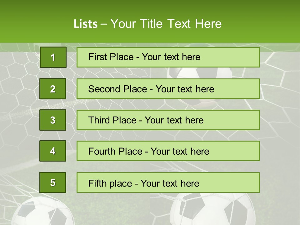 Three Soccer Balls In The Net Of A Soccer Field PowerPoint Template