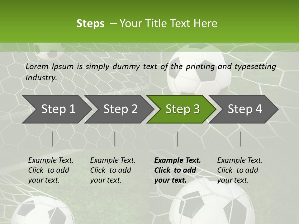 Three Soccer Balls In The Net Of A Soccer Field PowerPoint Template