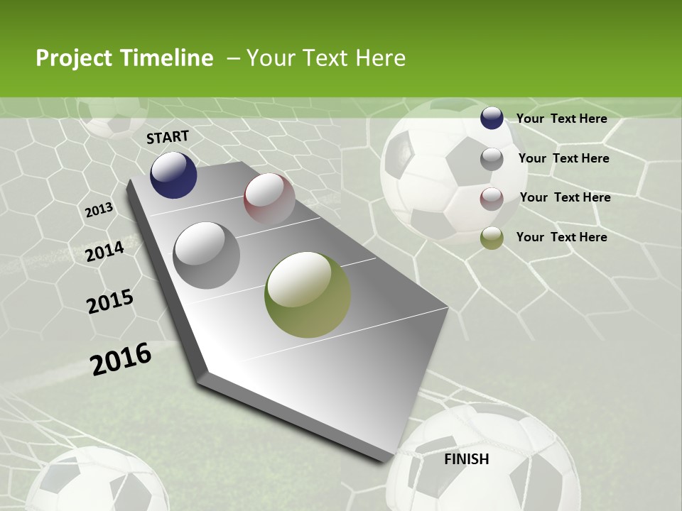 Three Soccer Balls In The Net Of A Soccer Field PowerPoint Template