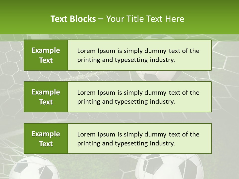 Three Soccer Balls In The Net Of A Soccer Field PowerPoint Template