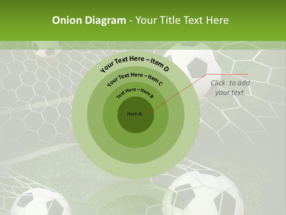 Three Soccer Balls In The Net Of A Soccer Field PowerPoint Template