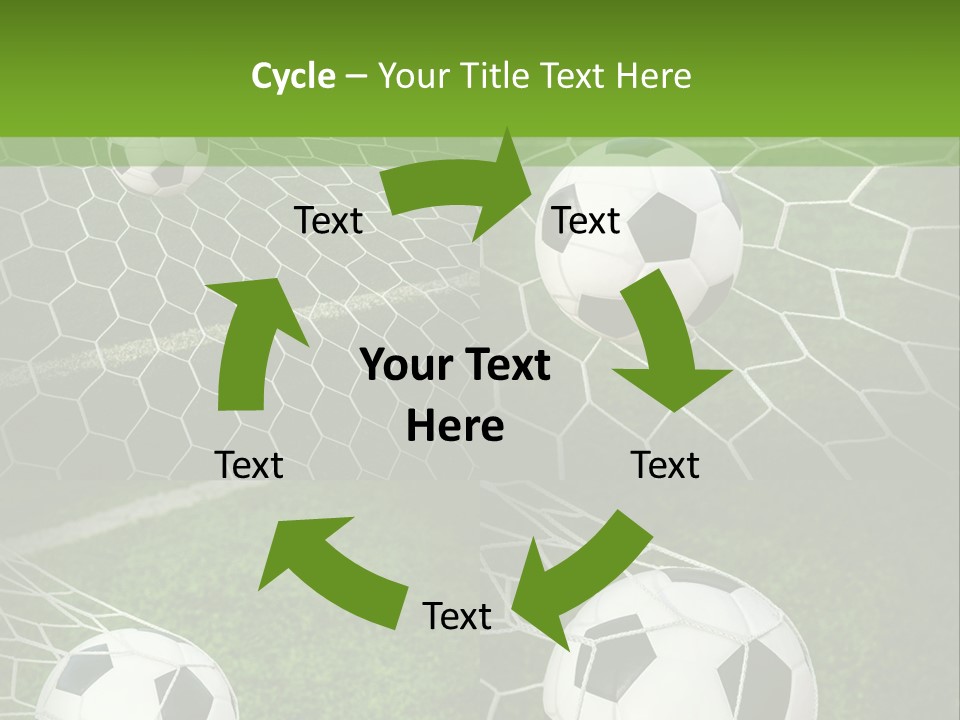 Three Soccer Balls In The Net Of A Soccer Field PowerPoint Template
