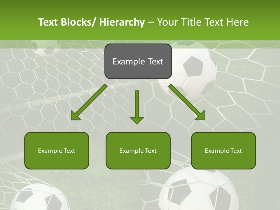 Three Soccer Balls In The Net Of A Soccer Field PowerPoint Template