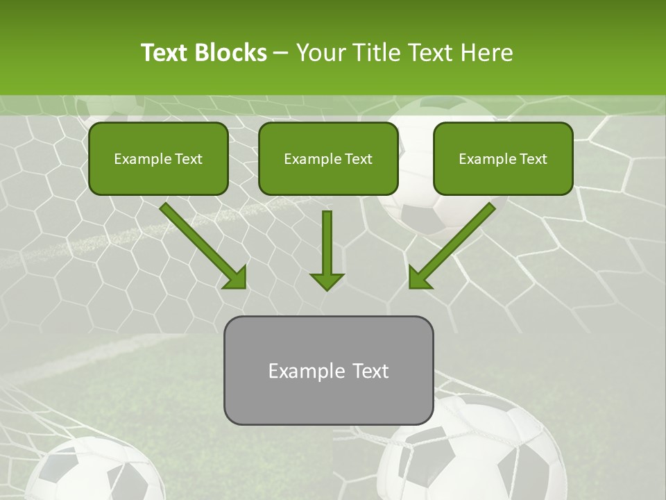 Three Soccer Balls In The Net Of A Soccer Field PowerPoint Template