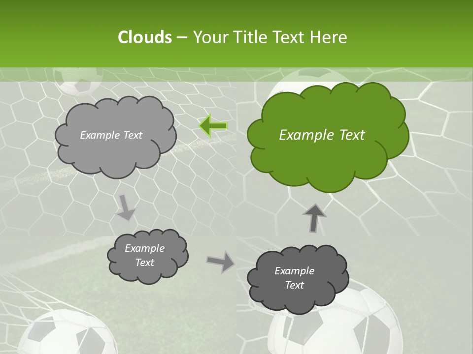 Three Soccer Balls In The Net Of A Soccer Field PowerPoint Template