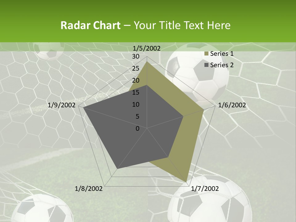 Three Soccer Balls In The Net Of A Soccer Field PowerPoint Template