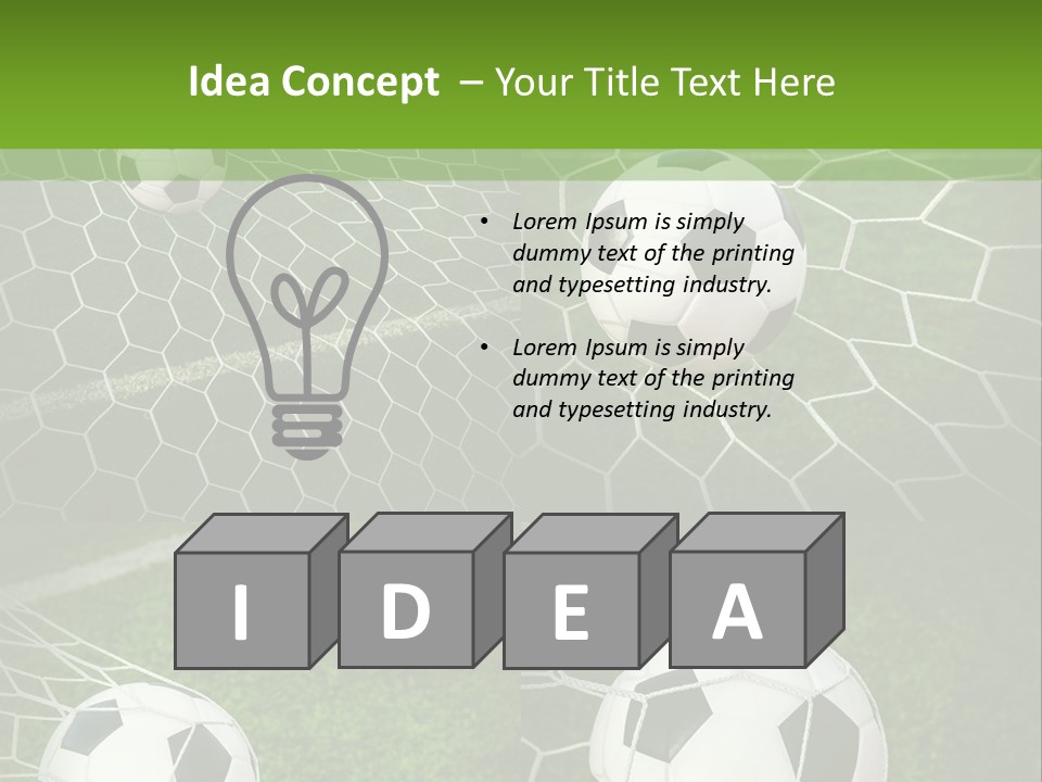 Three Soccer Balls In The Net Of A Soccer Field PowerPoint Template