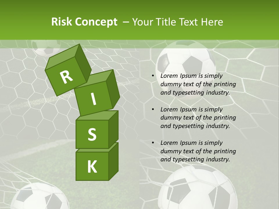 Three Soccer Balls In The Net Of A Soccer Field PowerPoint Template