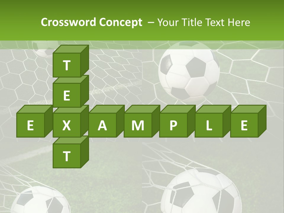 Three Soccer Balls In The Net Of A Soccer Field PowerPoint Template