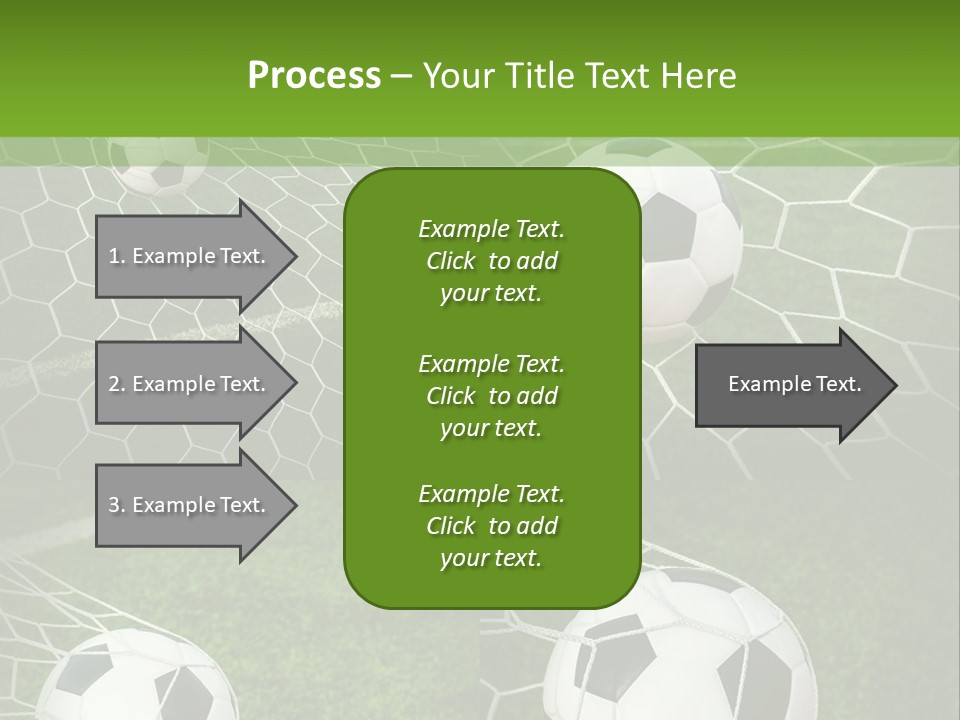 Three Soccer Balls In The Net Of A Soccer Field PowerPoint Template