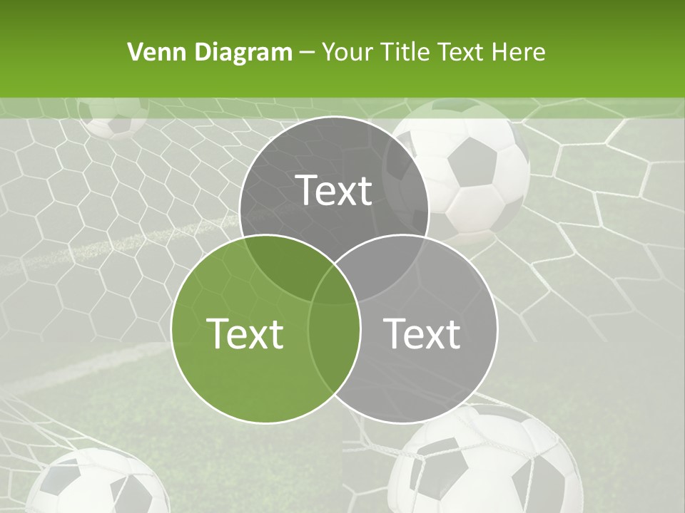 Three Soccer Balls In The Net Of A Soccer Field PowerPoint Template