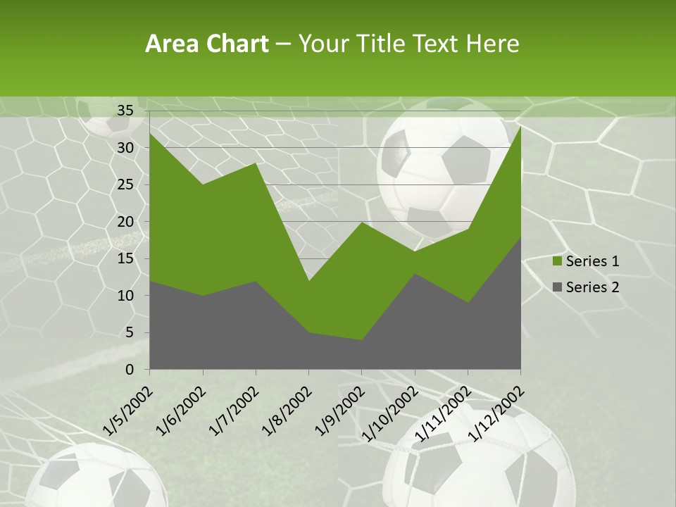 Three Soccer Balls In The Net Of A Soccer Field PowerPoint Template