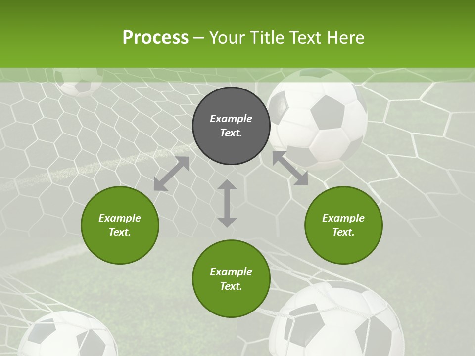 Three Soccer Balls In The Net Of A Soccer Field PowerPoint Template