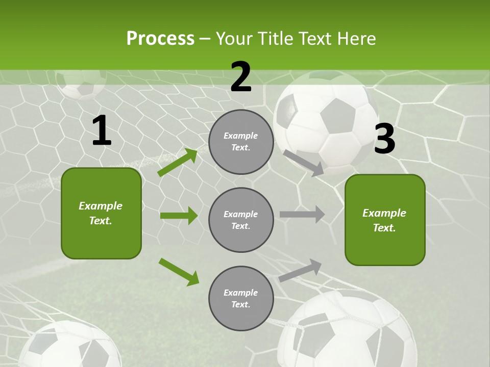 Three Soccer Balls In The Net Of A Soccer Field PowerPoint Template