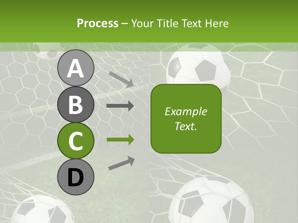 Three Soccer Balls In The Net Of A Soccer Field PowerPoint Template