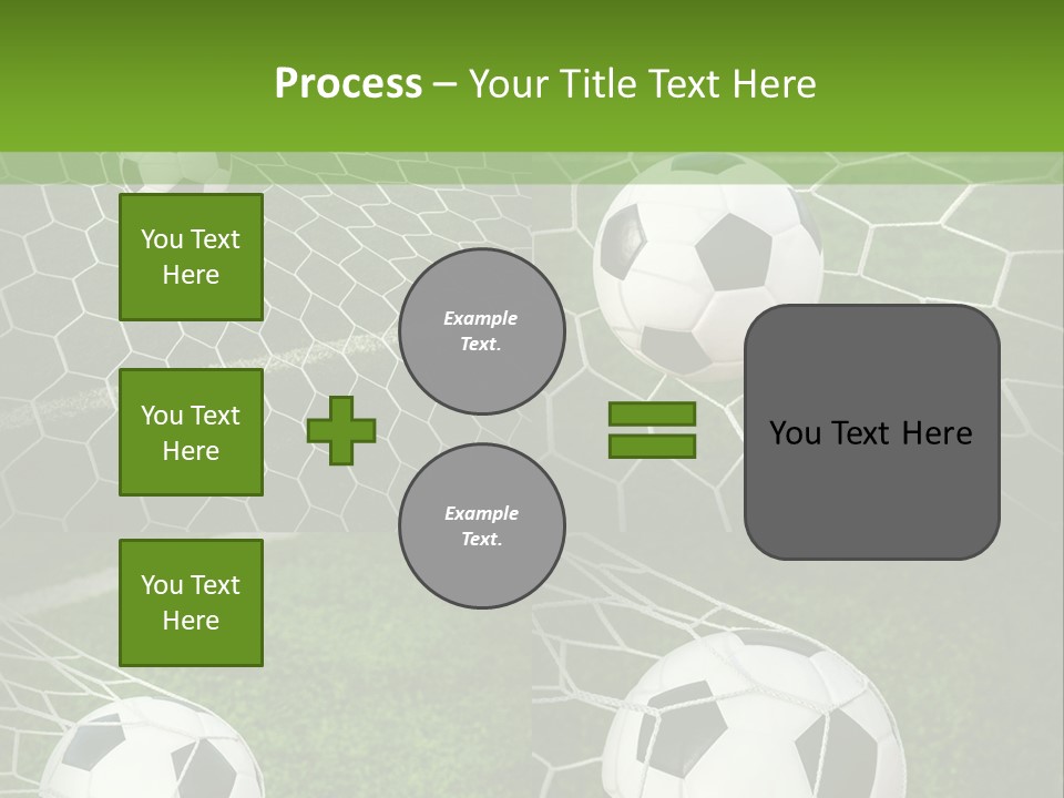 Three Soccer Balls In The Net Of A Soccer Field PowerPoint Template