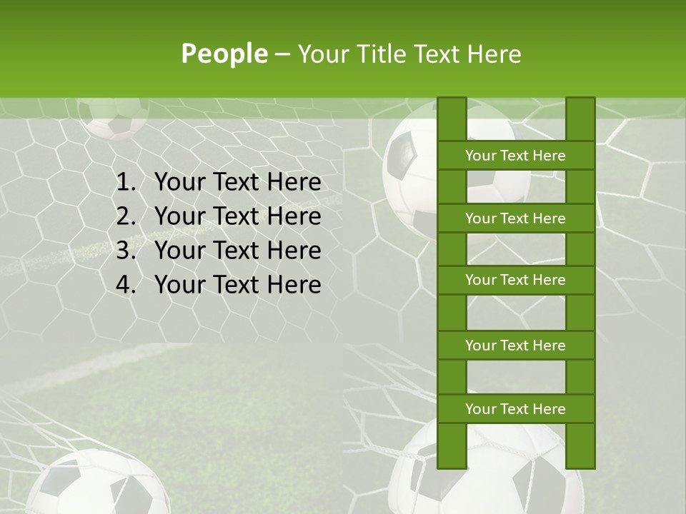 Three Soccer Balls In The Net Of A Soccer Field PowerPoint Template