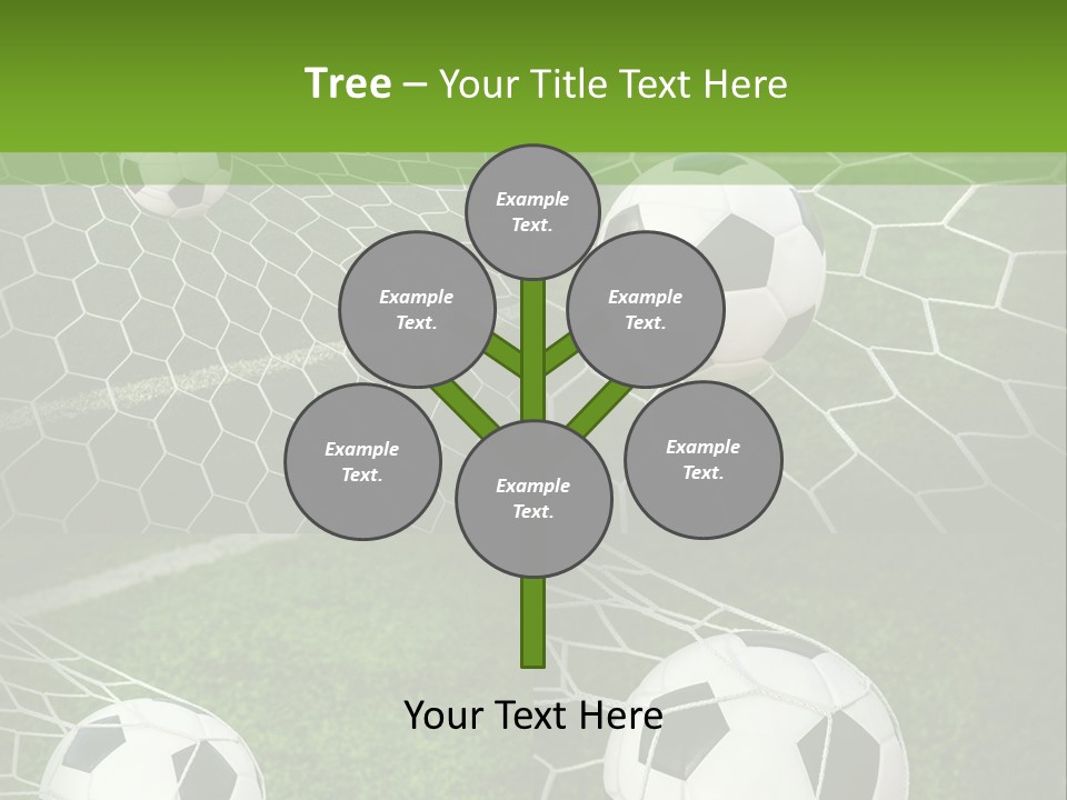 Three Soccer Balls In The Net Of A Soccer Field PowerPoint Template